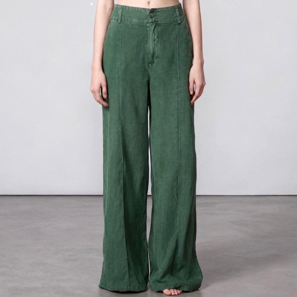Young Fabulous & Broke Boho Green Linen Blend Wide Leg Seam Front Pants Large